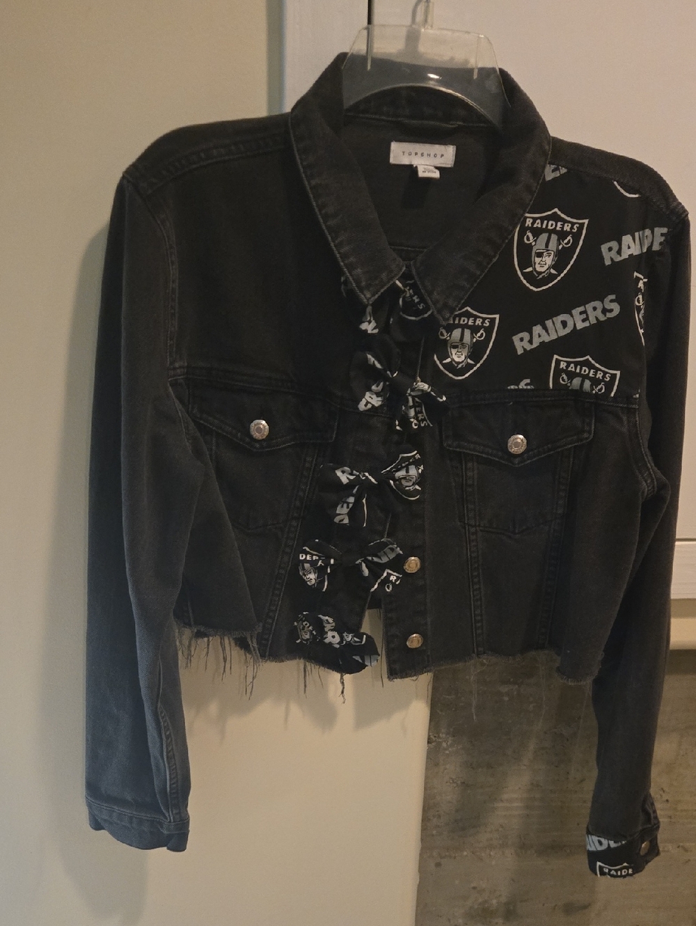 Topshop Black Raiders Graphic Cropped Denim Jacket